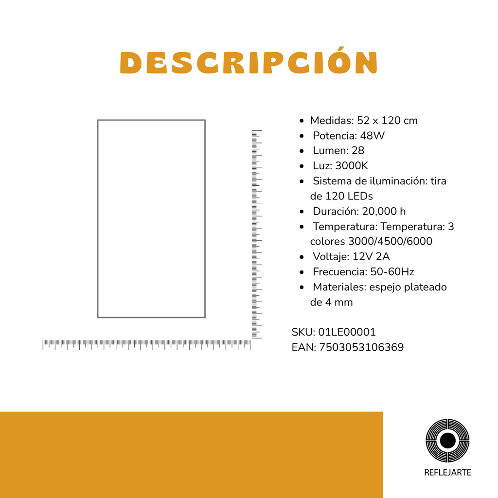 Espejo Rectangular 52 x 120 3 Luces LED
