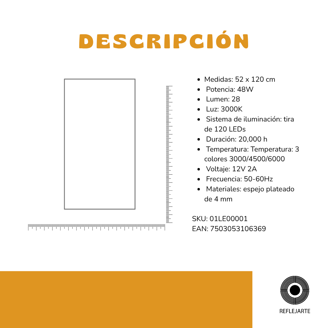 Espejo Rectangular 52 x 120 3 Luces LED