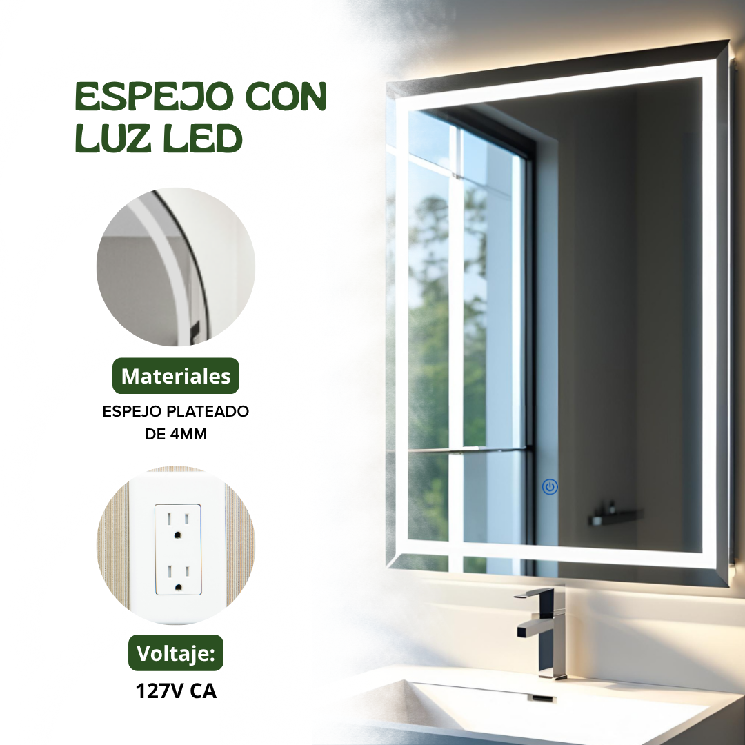 Espejo Rectangular 50 x 70 cm 1 Luz LED