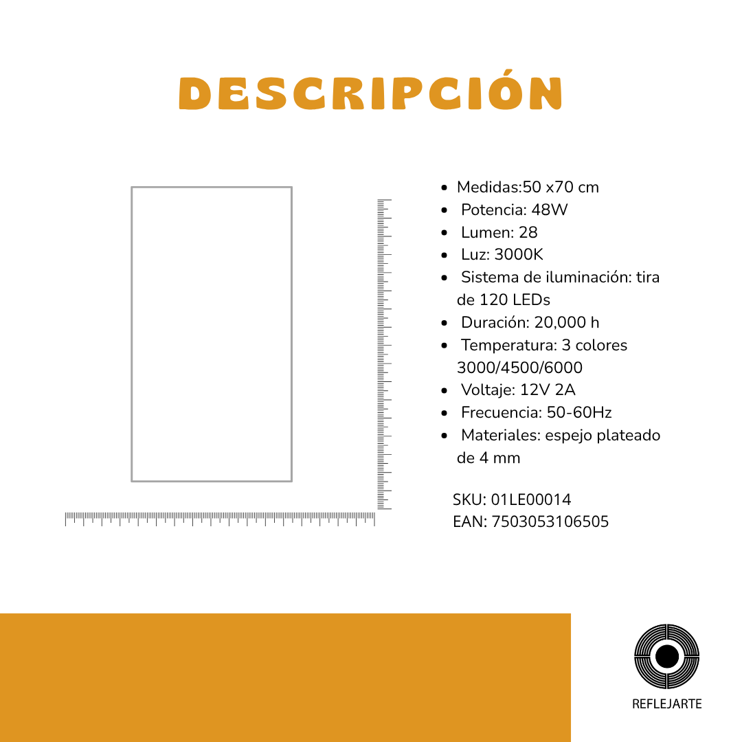 Espejo Rectangular 50 x 70 cm 3 Luces LED