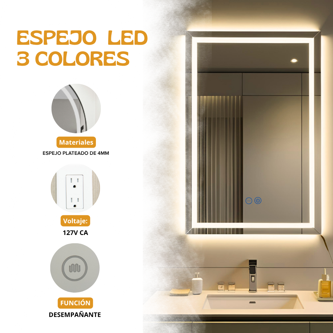 Espejo Rectangular 50 x 70 cm 3 Luces LED